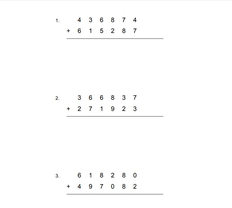 six digit addition sums for class 5