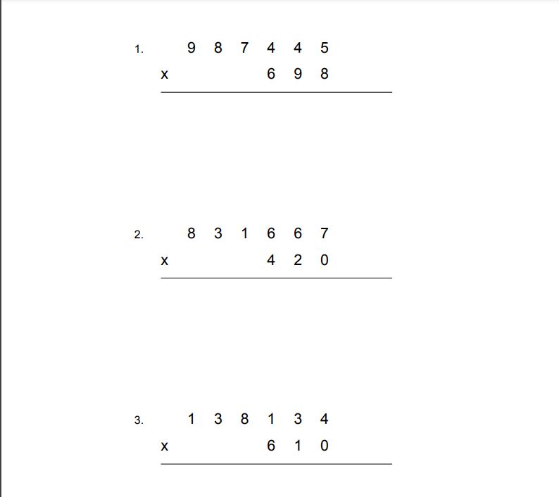 six digit multiplication sums for class 5