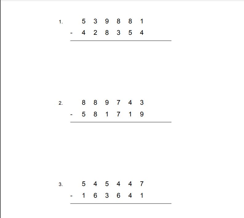 six digit subtraction sums for class 5